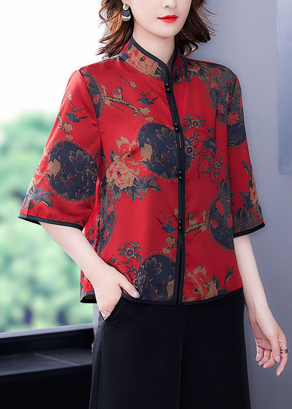 Red Mandarin Collar Button Silk Shirt Half Sleeve
