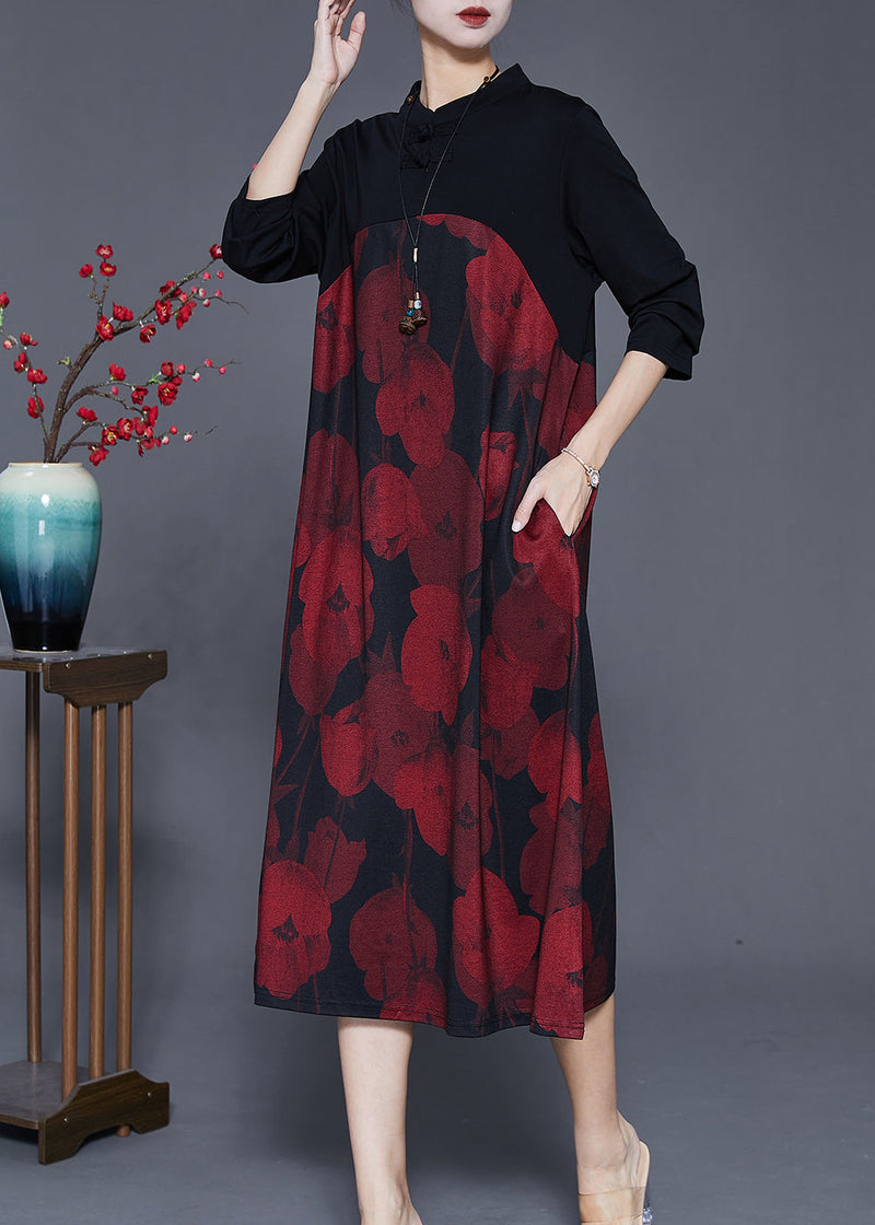 Red Mandarin Collar Print Cotton Holiday Dress Spring