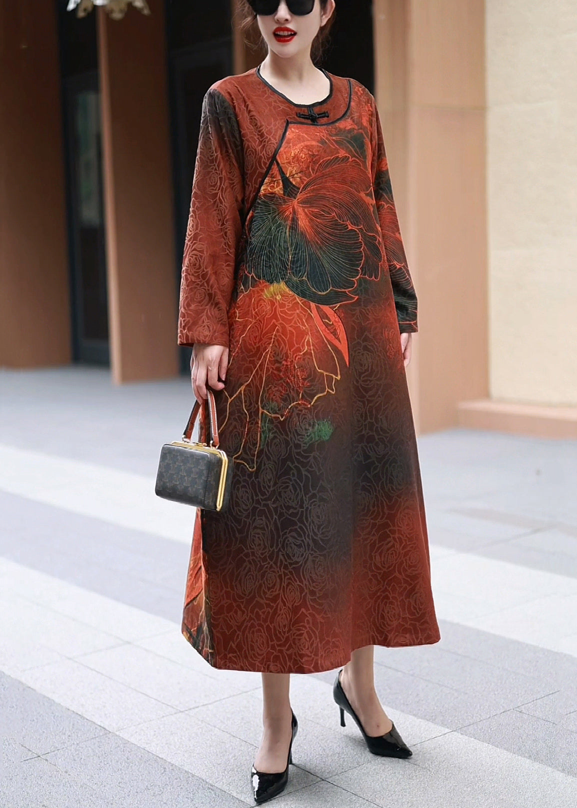 Red O Neck Print Cotton Long Dress Spring