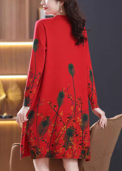 Red O Neck Print Knit Sweater Dress Spring