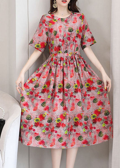 Red O-neck Print Linen Cinch Dresses Short Sleeve