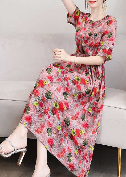 Red O-neck Print Linen Cinch Dresses Short Sleeve