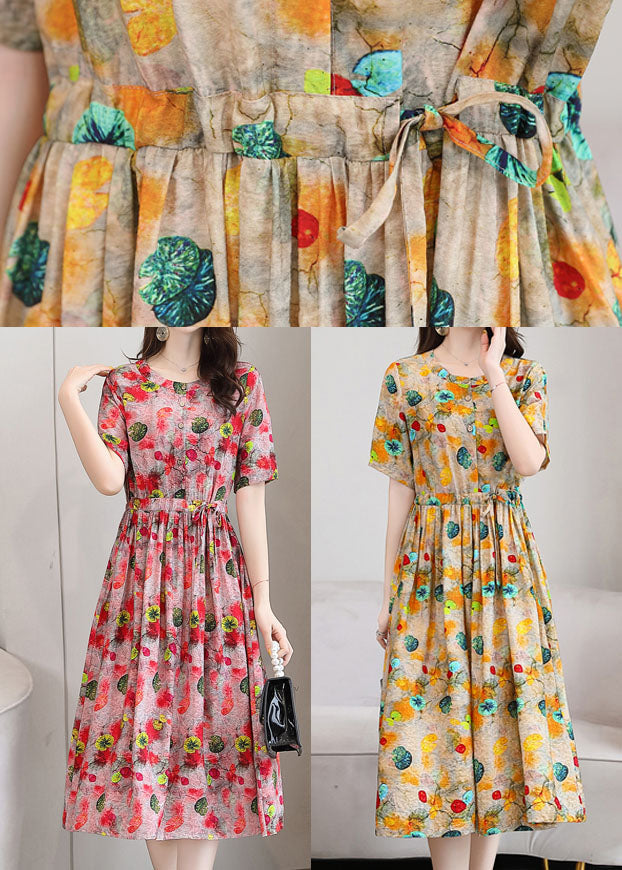 Red O-neck Print Linen Cinch Dresses Short Sleeve