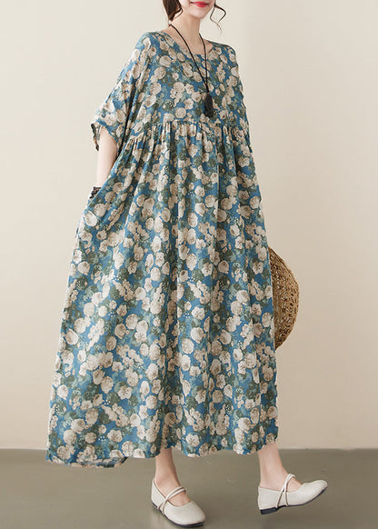 Red O-neck Print Wrinkled Maxi Dress Short Sleeve