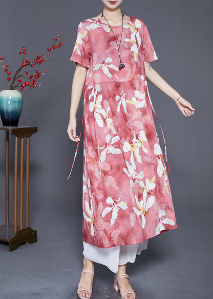 Red Oversized Print Linen Holiday Dress Summer