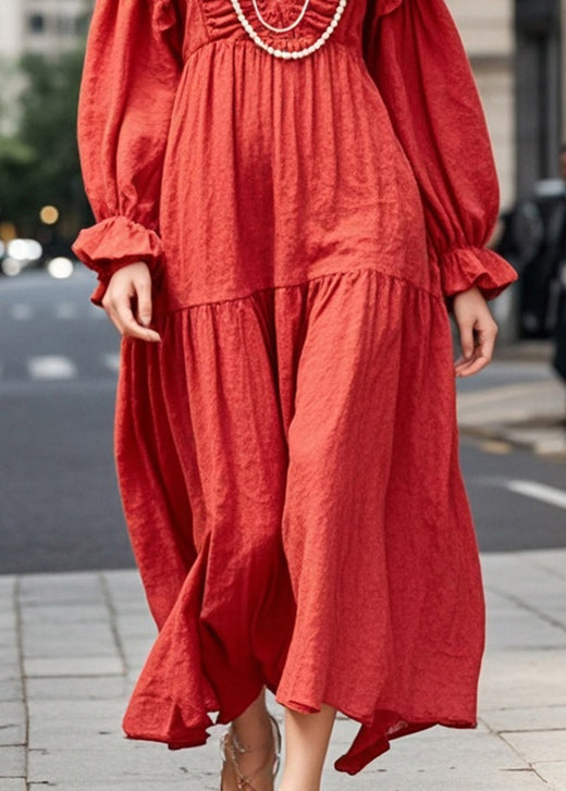 Red Oversized Ruffles Cotton Maxi Dresses Spring