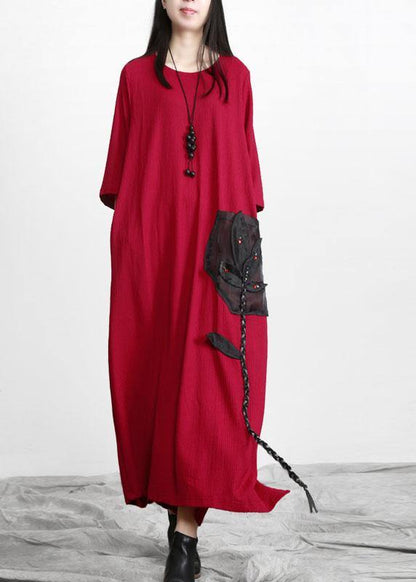 Red Patchwork Appliques Pockets Dress Fall
