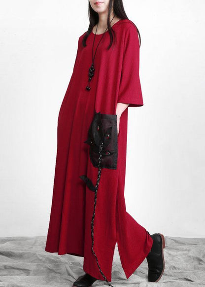 Red Patchwork Appliques Pockets Dress Fall