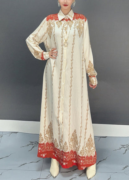 Red Peter Pan Collar Embroidered Print Maxi Dress Lantern Sleeve