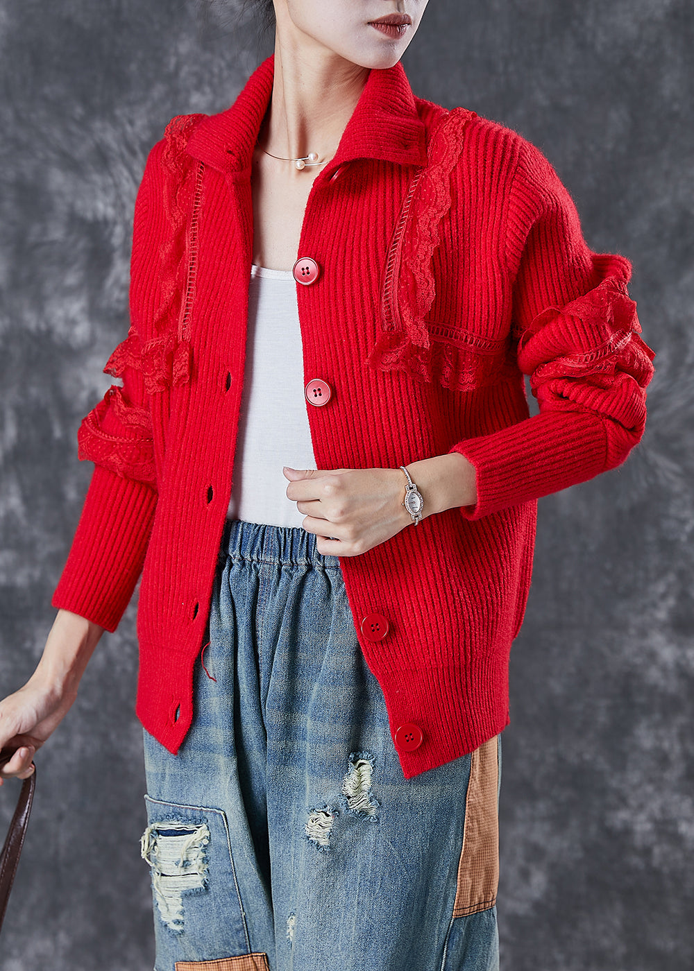 Red Peter Pan Collar Lace Patchwork Knit Coats Winter