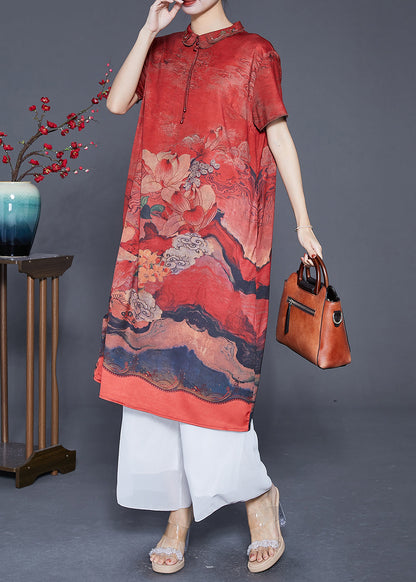 Red Peter Pan Collar Print Silk Robe Dresses Summer