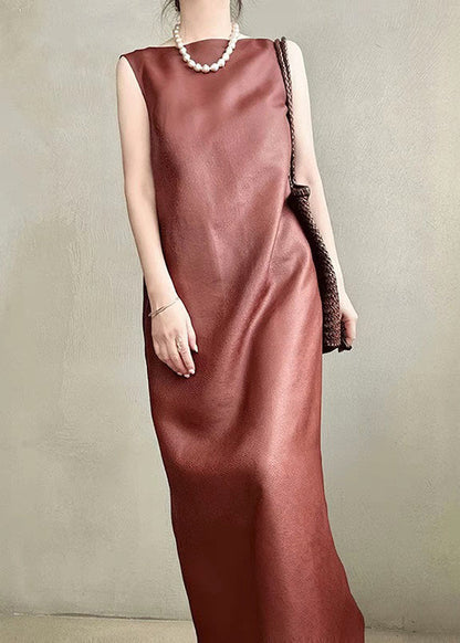 Red Pockets Back Side Open Silk Long Dress Sleeveless