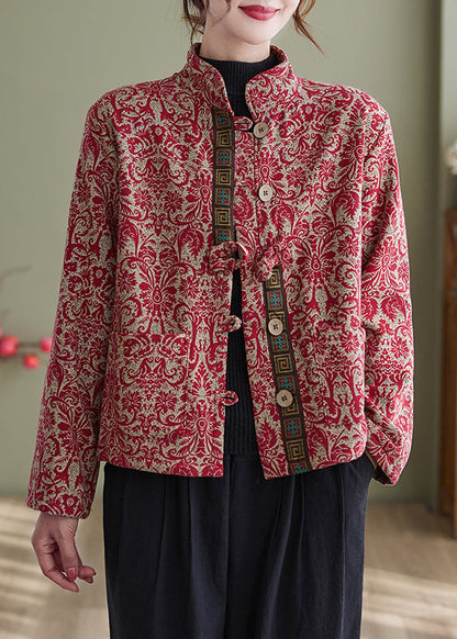 Red Print Pockets Cotton Filled Parka Winter