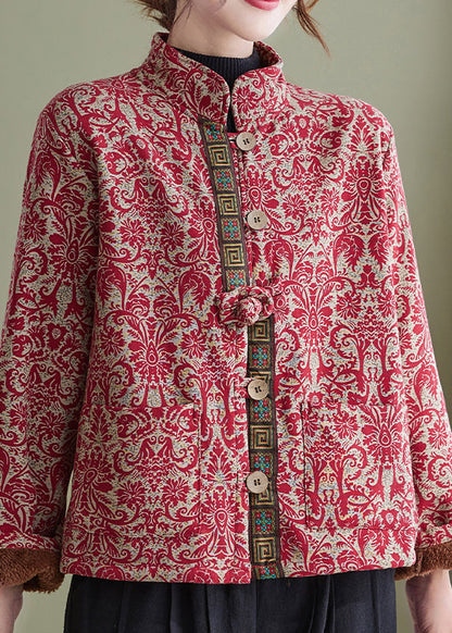 Red Print Pockets Cotton Filled Parka Winter