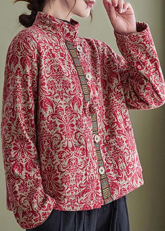 White-crane Print Pockets Cotton Filled Parka Winter