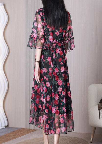 Red Print Ruffled Chiffon Long Dress Half Sleeve