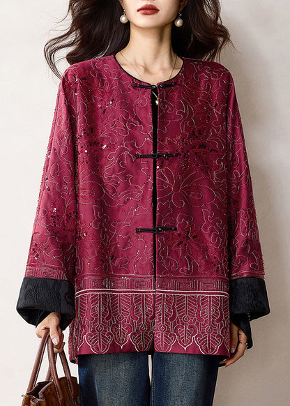 Red Sequins Patchwork Pockets Coats Winter