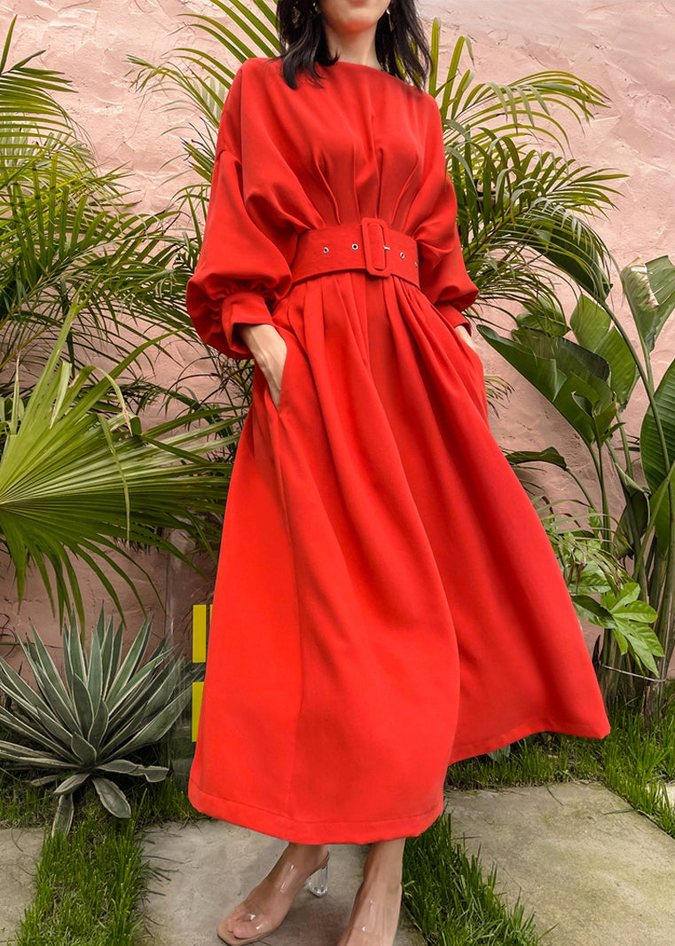 Red Slash Neck Pockets Sashes Silk Vacation Pleated Dresses Batwing Sleeve