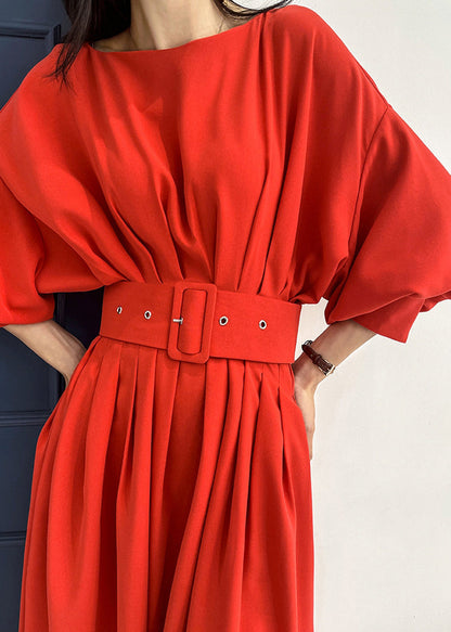 Red Slash Neck Pockets Sashes Silk Vacation Pleated Dresses Batwing Sleeve