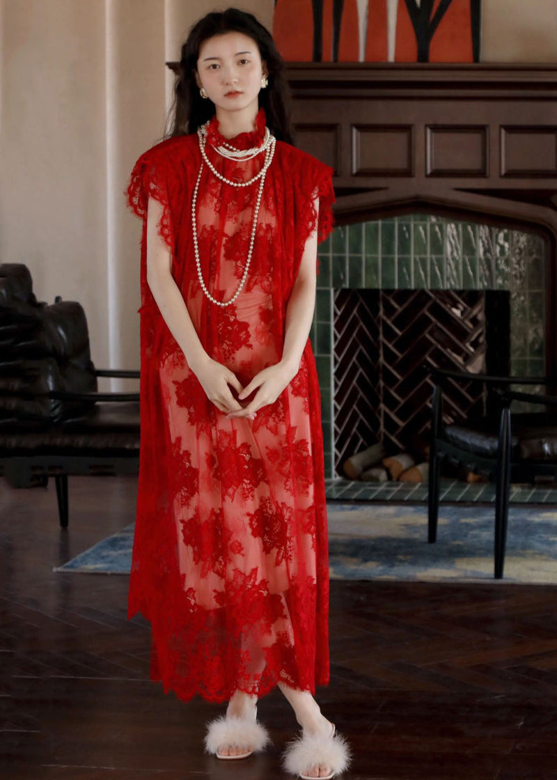Red Stand Collar Hollow Out Lace Maxi Dresses Short Sleeve