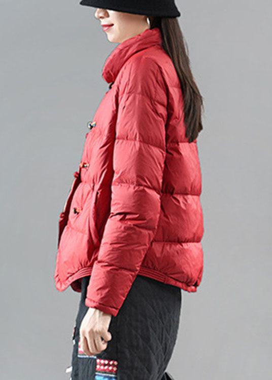 Red Stand Collar Pockets Print Asymmetrical Design Winter Down Coat