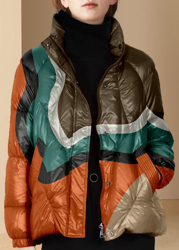 Red Stand Collar Zip Up Print Fine Cotton Filled Parkaer Winter