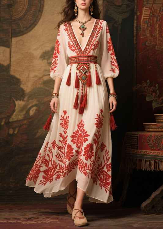 Red Tasseled Print Chiffon Dress Lantern Sleeve