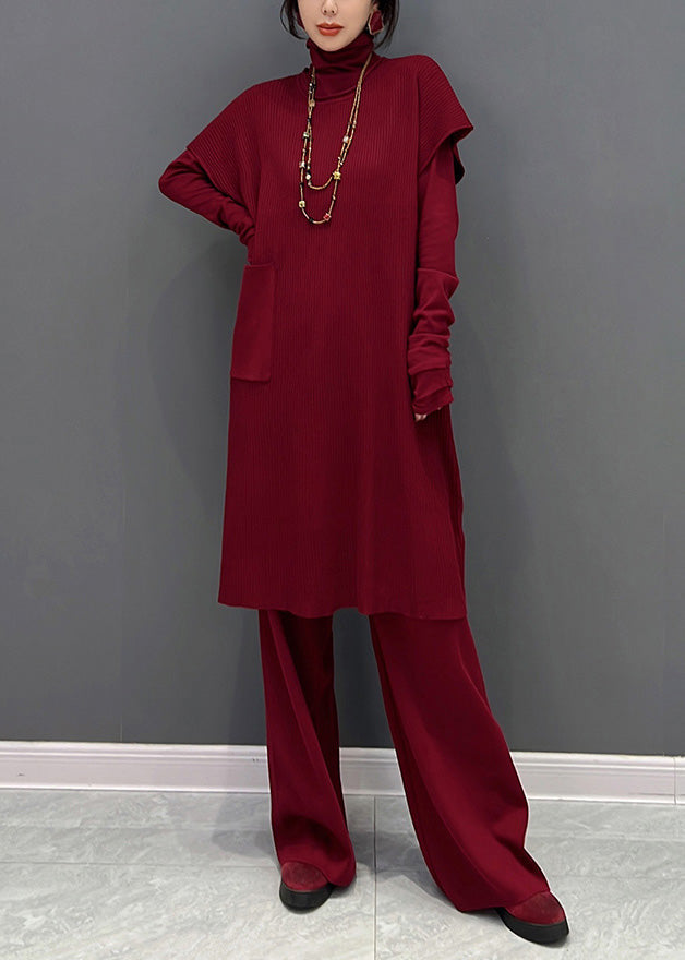 Red Turtleneck Knit Waistcoat and Pants Two Piece Set Winter