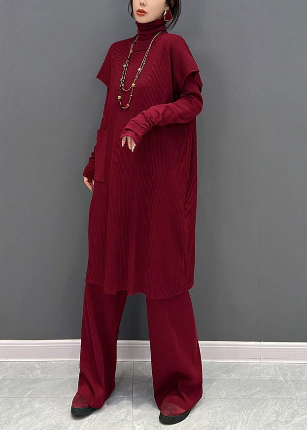 Red Turtleneck Knit Waistcoat and Pants Two Piece Set Winter