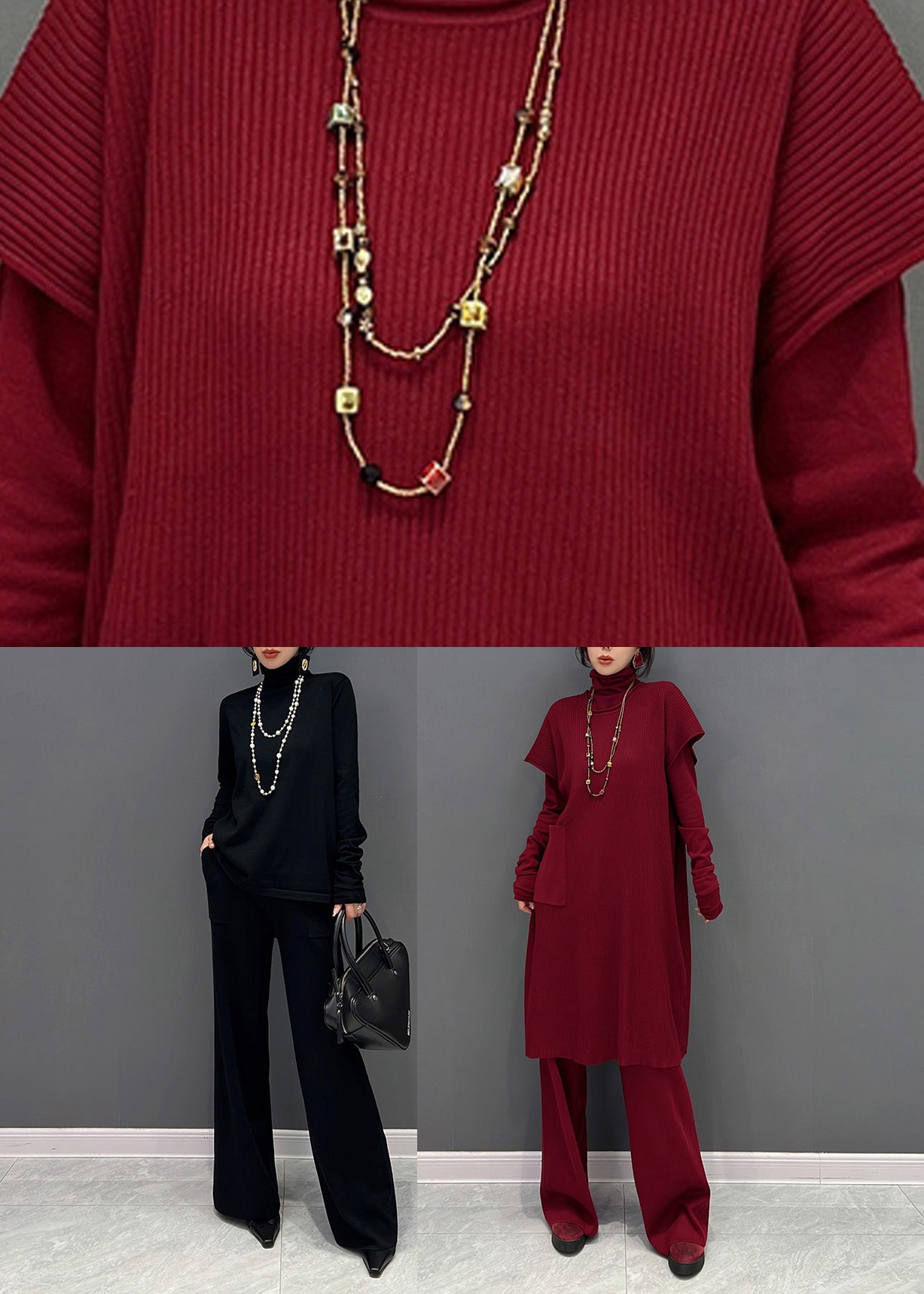 Red Turtleneck Knit Waistcoat and Pants Two Piece Set Winter