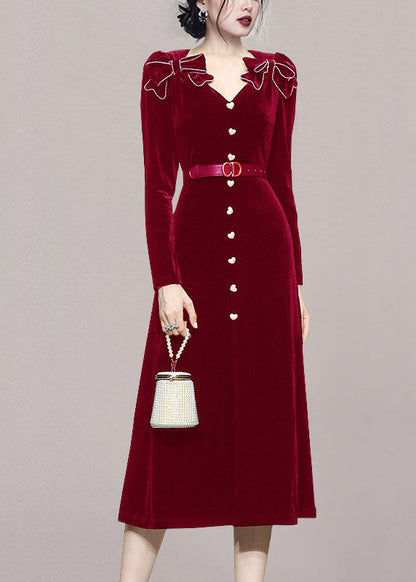 Red V Neck Bow Tie Waist Patchwork Velour Long Dress Fall