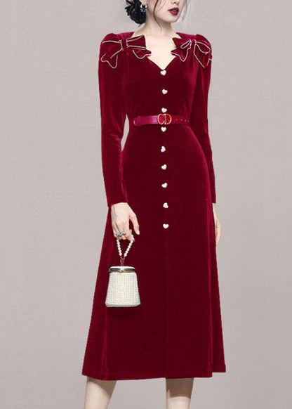 Red V Neck Bow Tie Waist Patchwork Velour Long Dress Fall