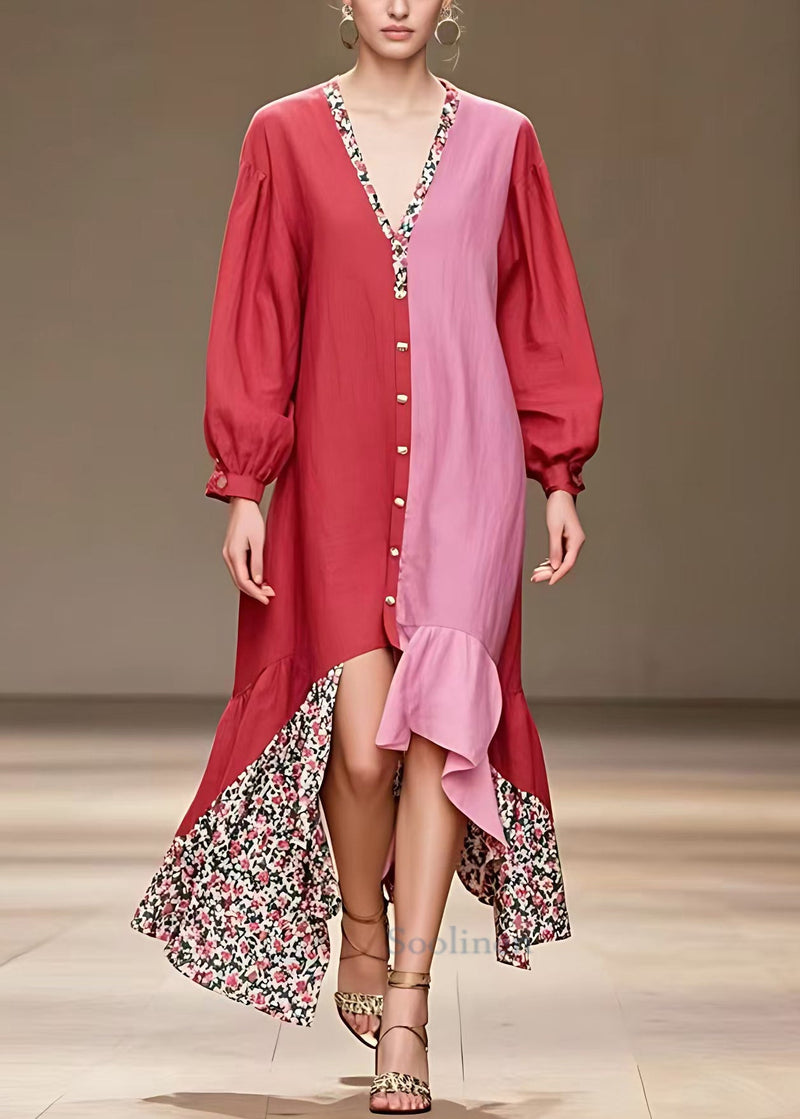 Red V Neck Button Print Cotton Dress Long Sleeve