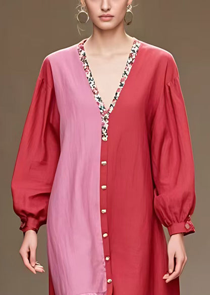 Red V Neck Button Print Cotton Dress Long Sleeve