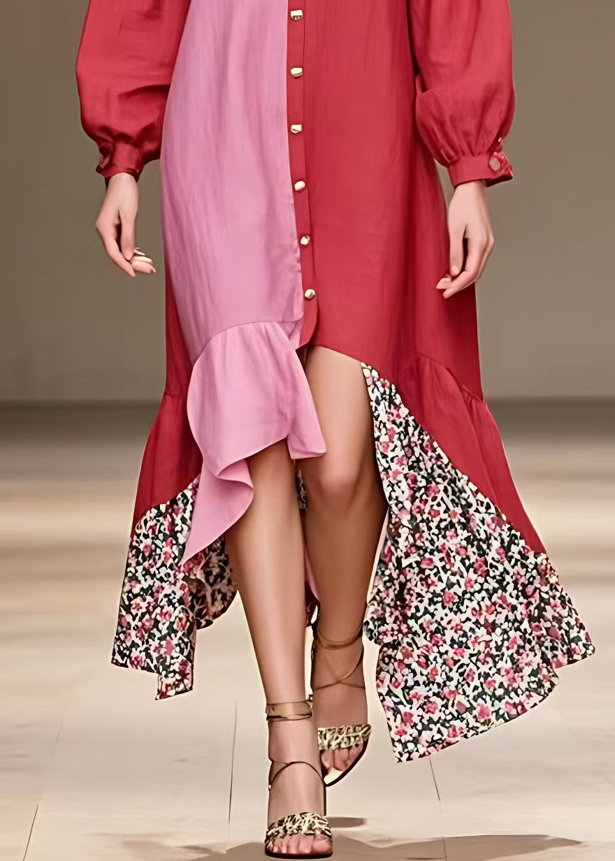 Red V Neck Button Print Cotton Dress Long Sleeve