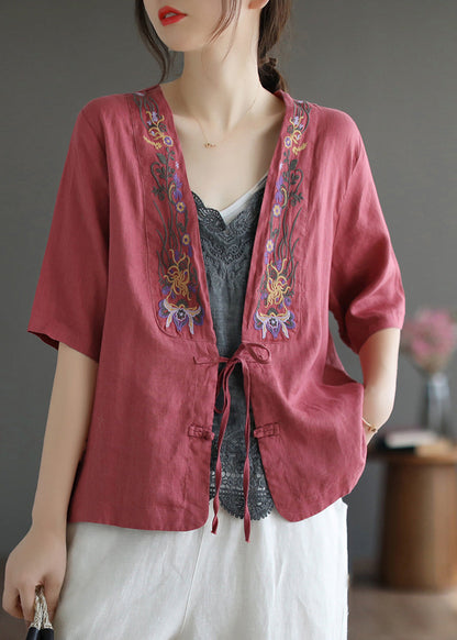 Red V Neck Embroideried Tie Waist Linen Top Short Sleeve