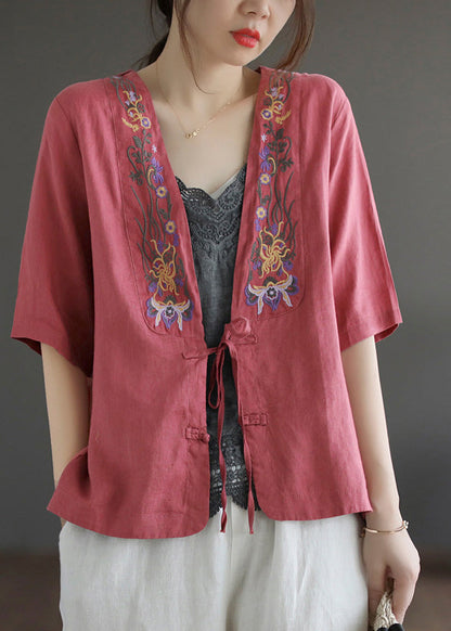 Red V Neck Embroideried Tie Waist Linen Top Short Sleeve