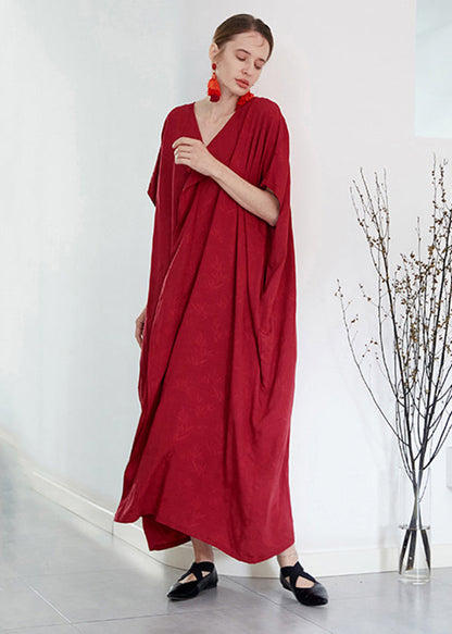 Red V Neck Jacquard Patchwork Cotton Robe Dresses Summer