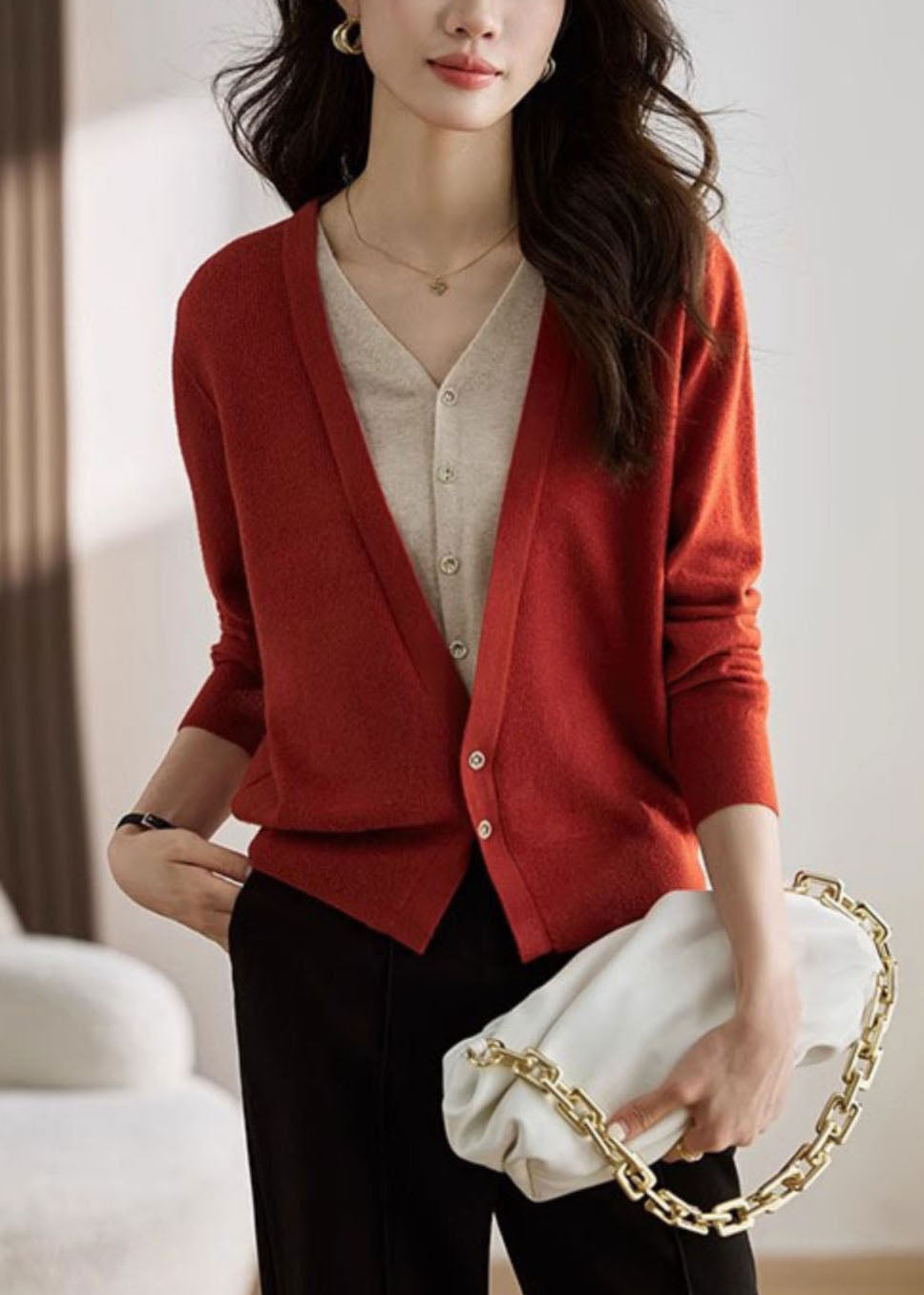 Red V Neck Patchwork False Two Pieces Knit Coat Spring