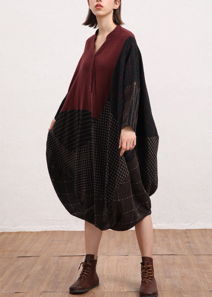 Red V Neck Plaid Patchwork Linen Dress Batwing Sleeve