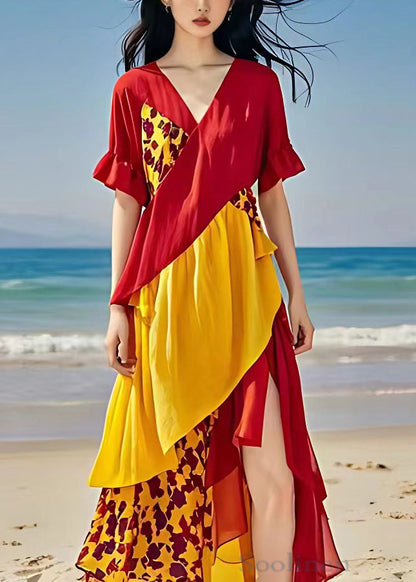 Red V Neck Print Side Open Cotton Dress Summer