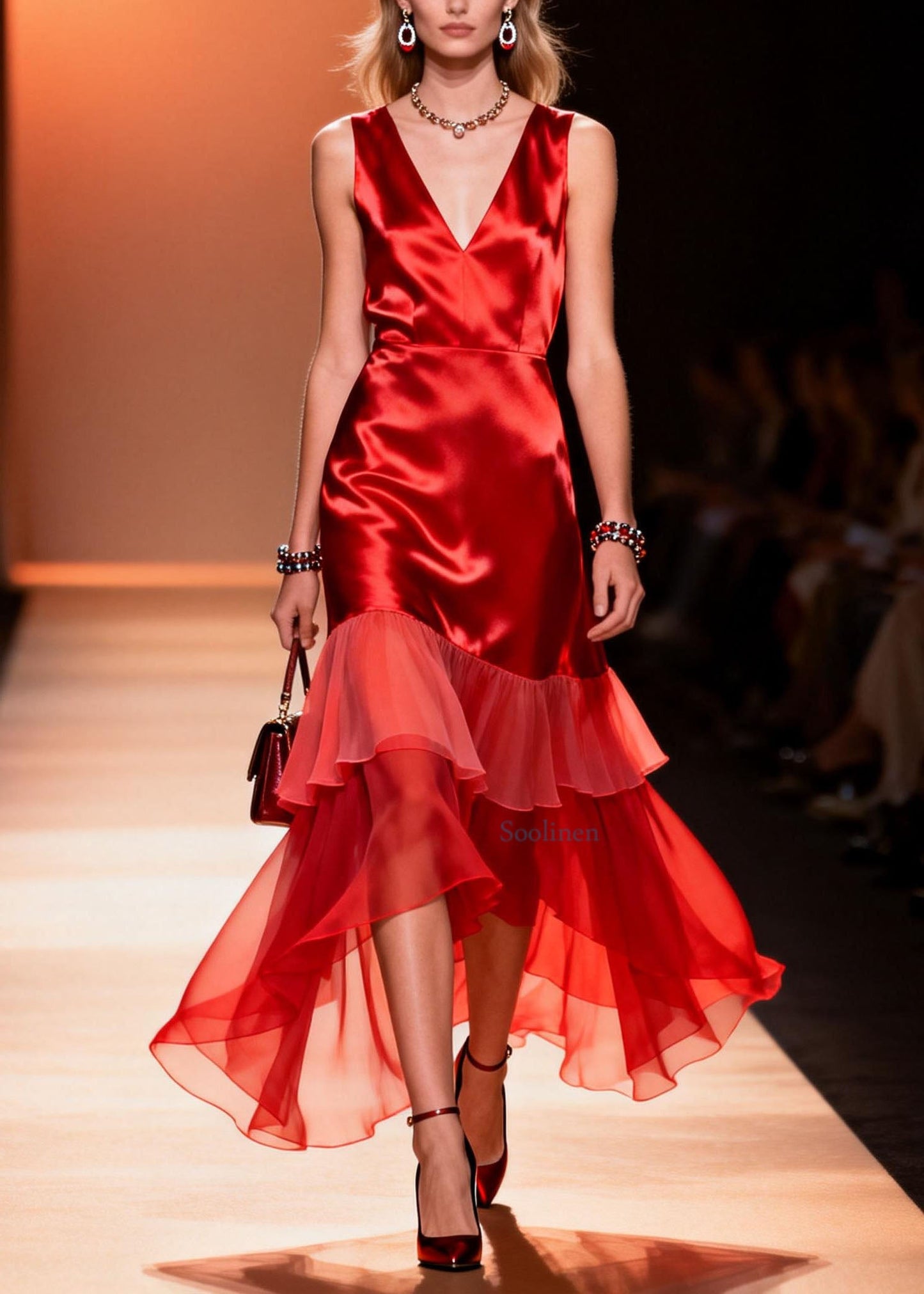 Red V Neck Ruffled Patchwork Silk Dresses Summer