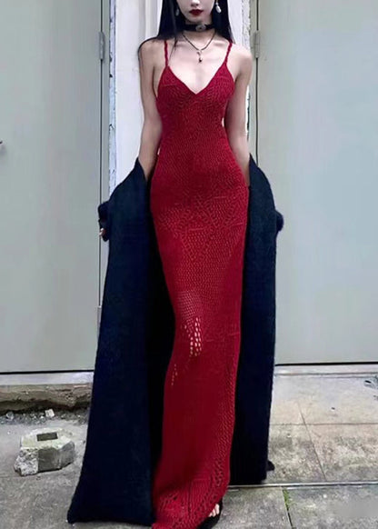 Red V Neck Knit Maxi Dress Summer