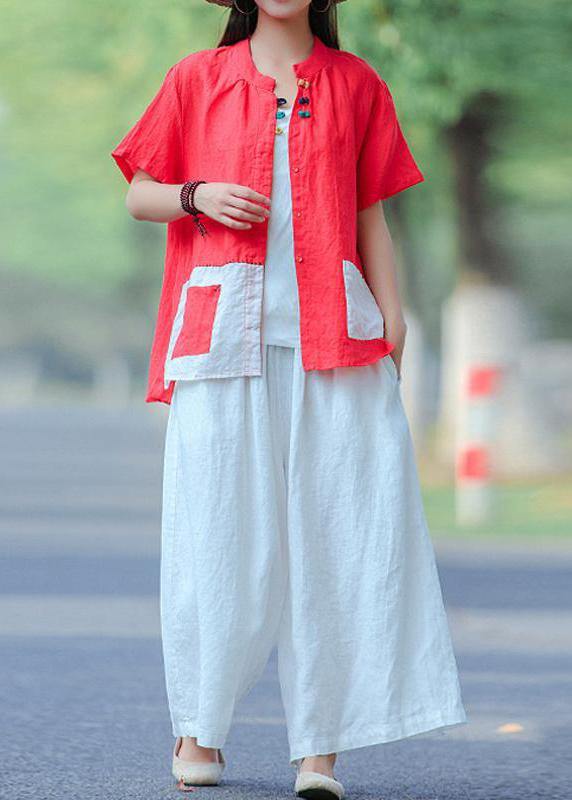 Red for Omychic Cotton Literary Summer Cardigan Short Sleeve Shirt