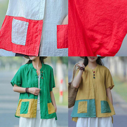 Red for Omychic Cotton Literary Summer Cardigan Short Sleeve Shirt