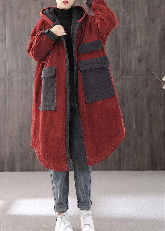 Red Hooded Pockets Button Winter Coat Long Sleeve