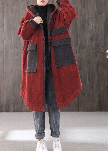 Red Hooded Pockets Button Winter Coat Long Sleeve