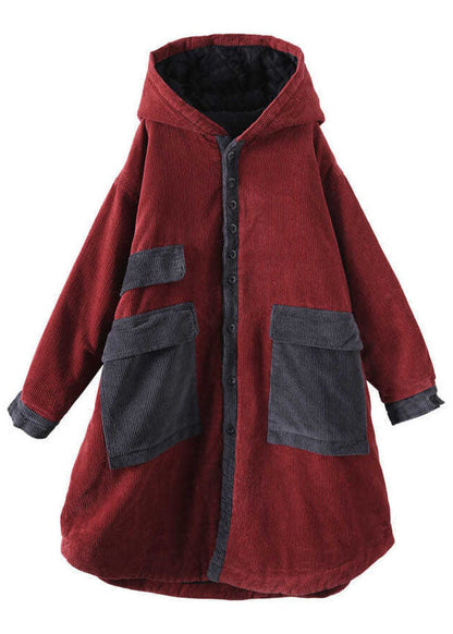 Red Hooded Pockets Button Winter Coat Long Sleeve