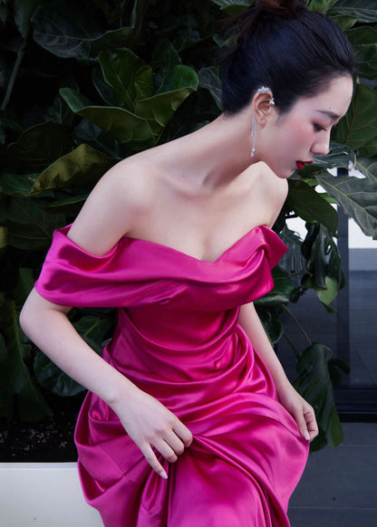 Rose Bustier Top Side Open Silk Maxi Dresses Short Sleeve