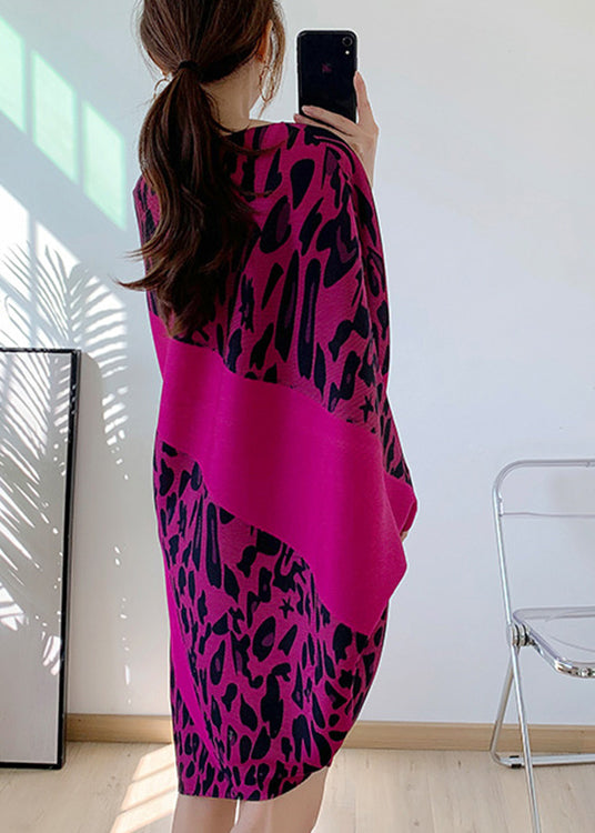 Rose O-neck Asymmetrical Print Mid Dresses Long Sleeve